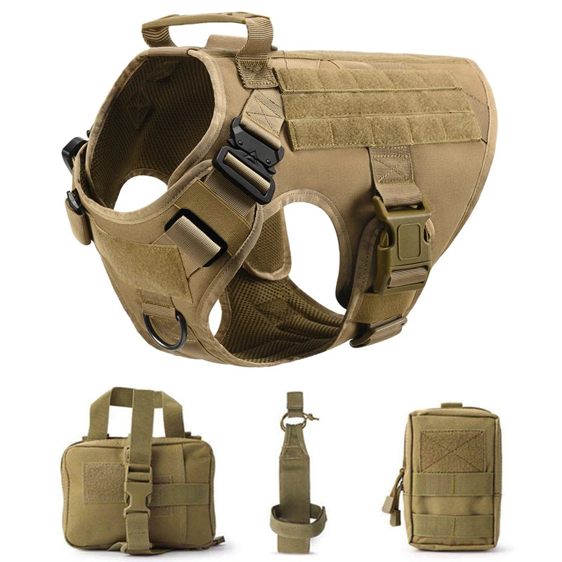 Heavy-Duty Tactical Dog Harness with Handle - Brown 4-Piece Set