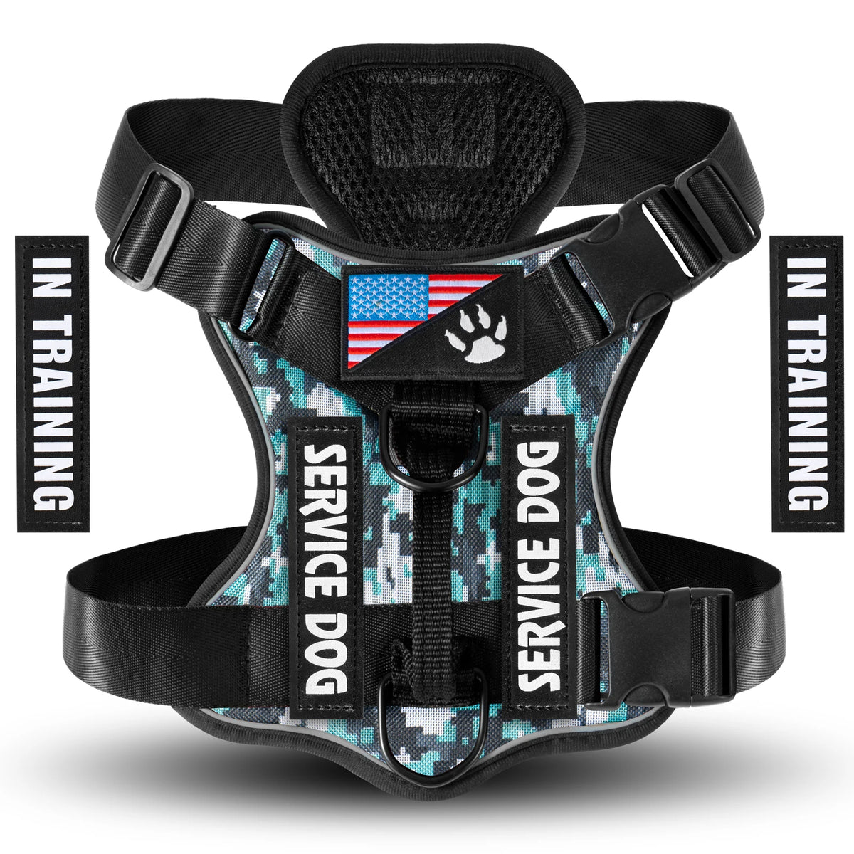 Reflective Service Dog Harness with 5 Patches - Army Green