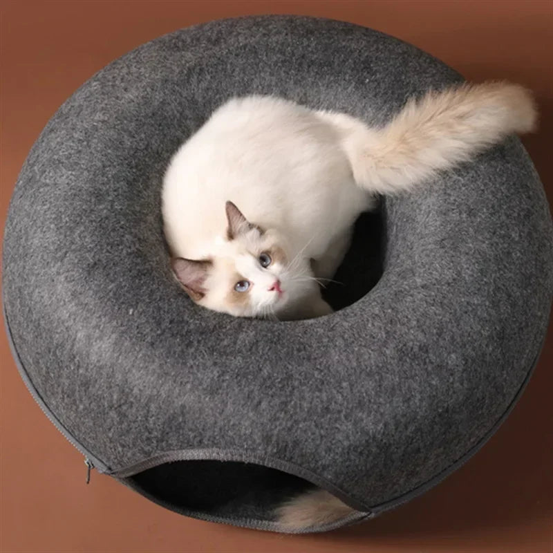 2-in-1 Felt Cat Tunnel Bed – Donut Cave & Play Tunnel