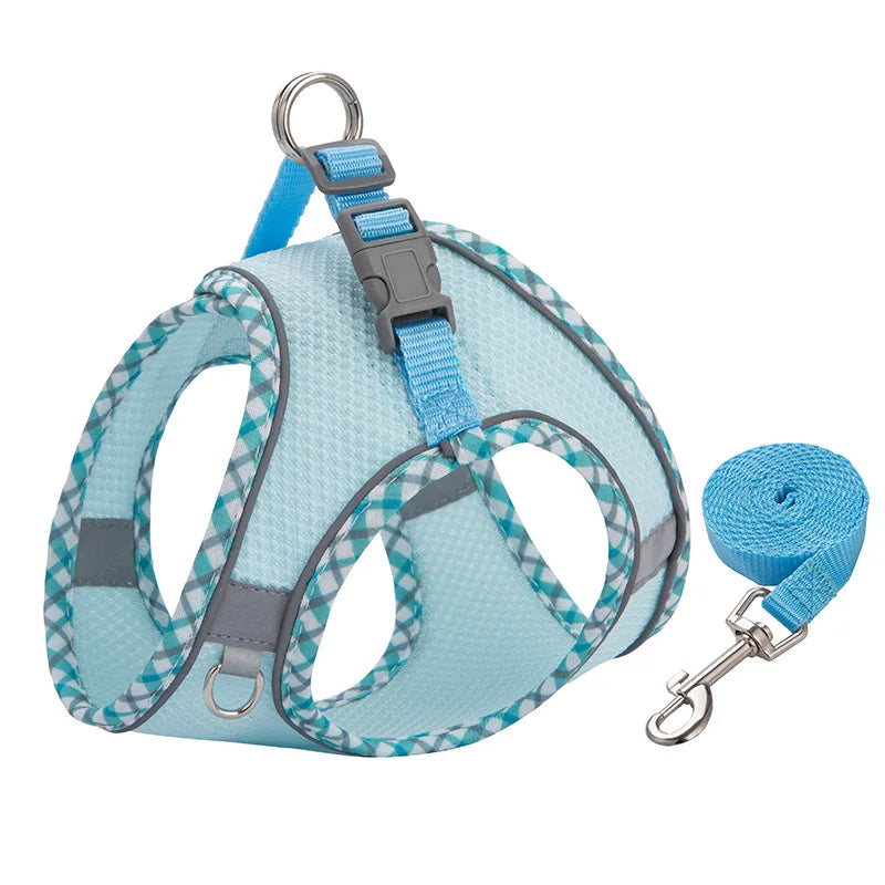 Reflective Mesh Dog Harness & Leash Set - Light Blue
