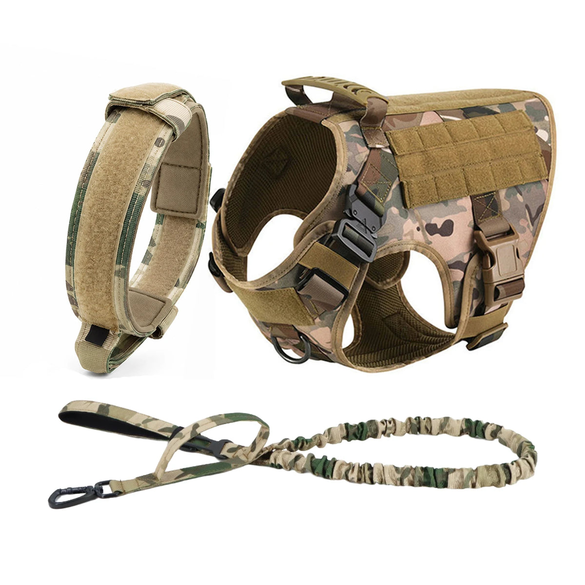Tactical MOLLE Dog Harness Set with Pouches - Camo 3-Piece Set