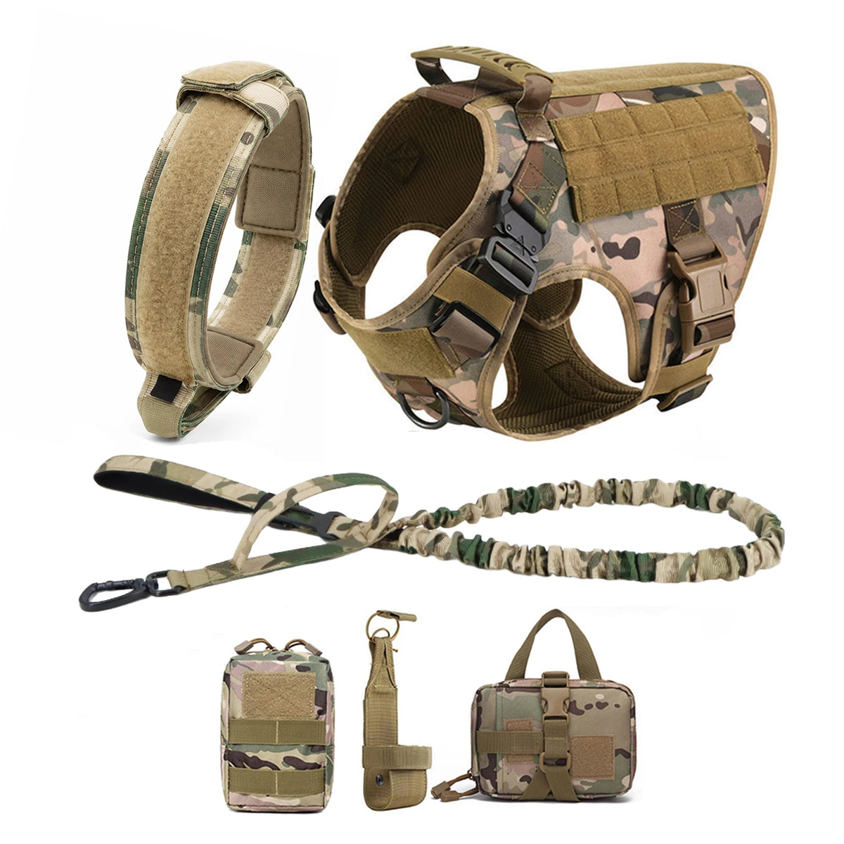 Tactical MOLLE Dog Harness Set with Pouches - Camo 6-Piece Set