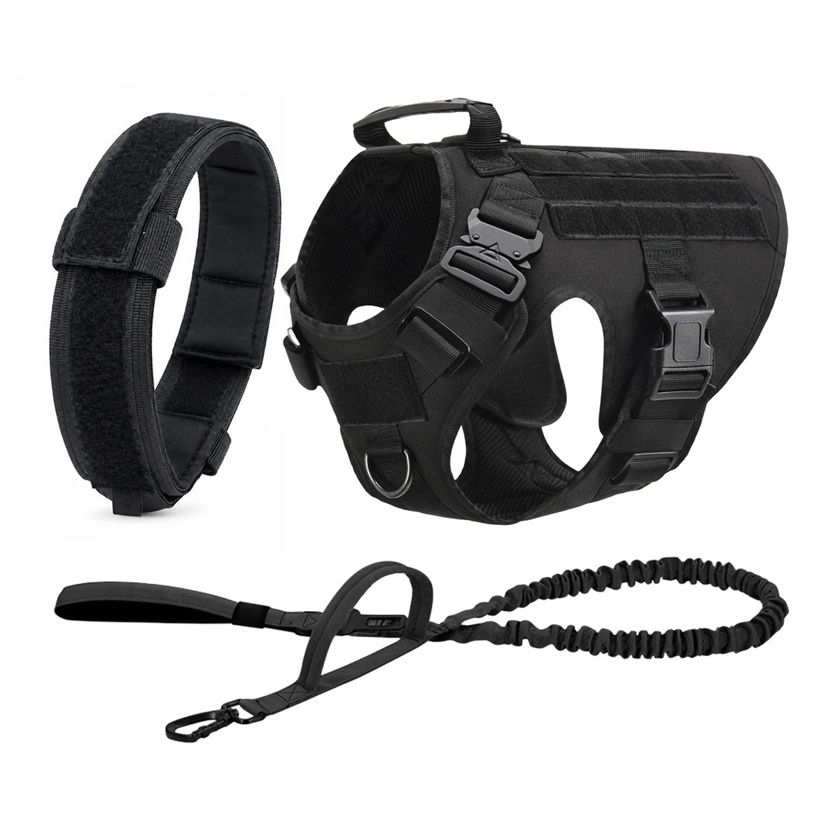 Tactical MOLLE Dog Harness Set with Pouches - Black 3-Piece Set