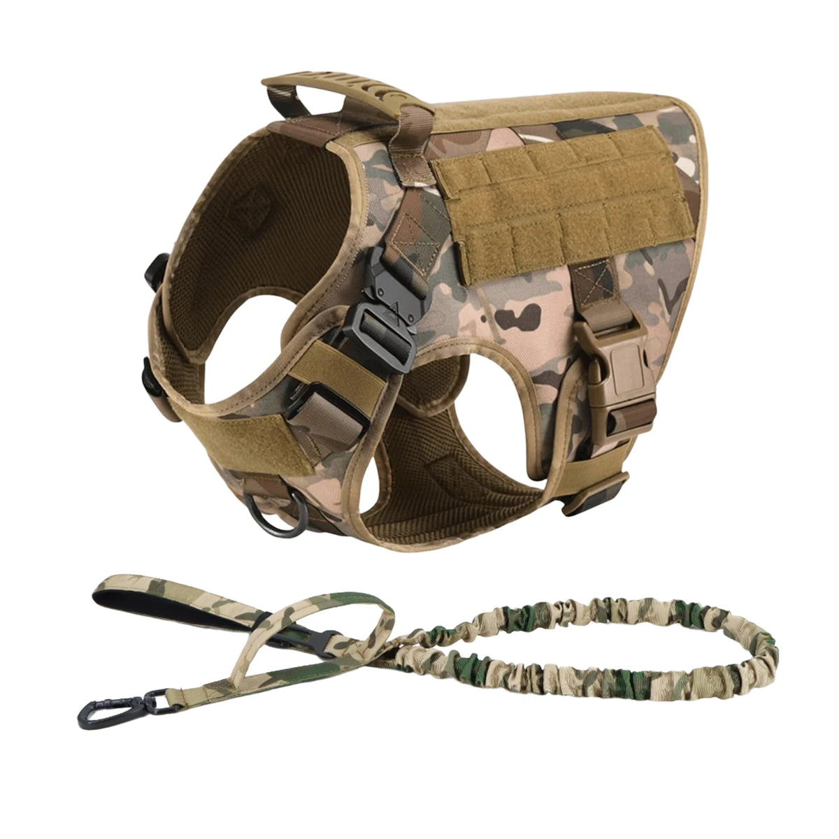 Tactical MOLLE Dog Harness Set with Pouches - Camo 2-Piece Set