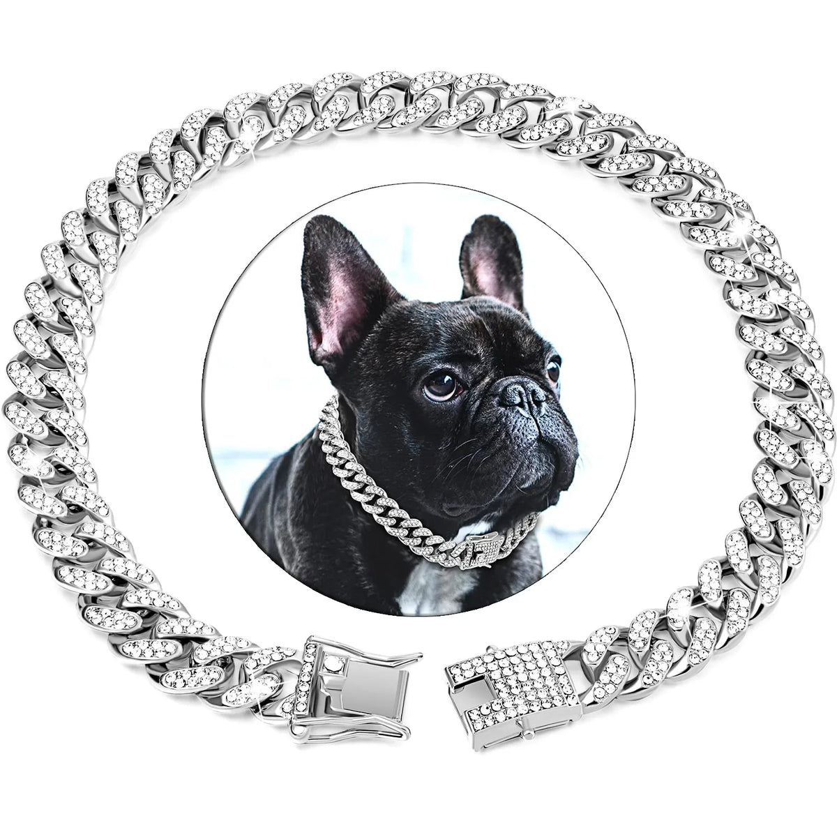 Cuban Link Dog Collar with Cubic Zirconia Stones - Silver