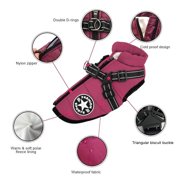 Waterproof Winter Dog Coat with Built-In Harness – Fleece-Lined