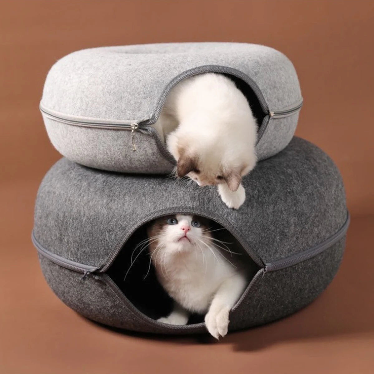 2-in-1 Felt Cat Tunnel Bed – Donut Cave & Play Tunnel