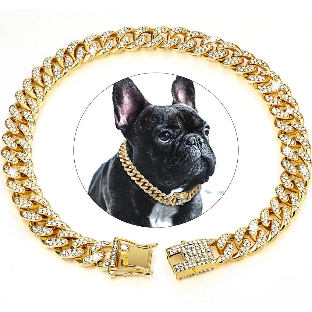 Cuban Link Dog Collar with Cubic Zirconia Stones - Gold
