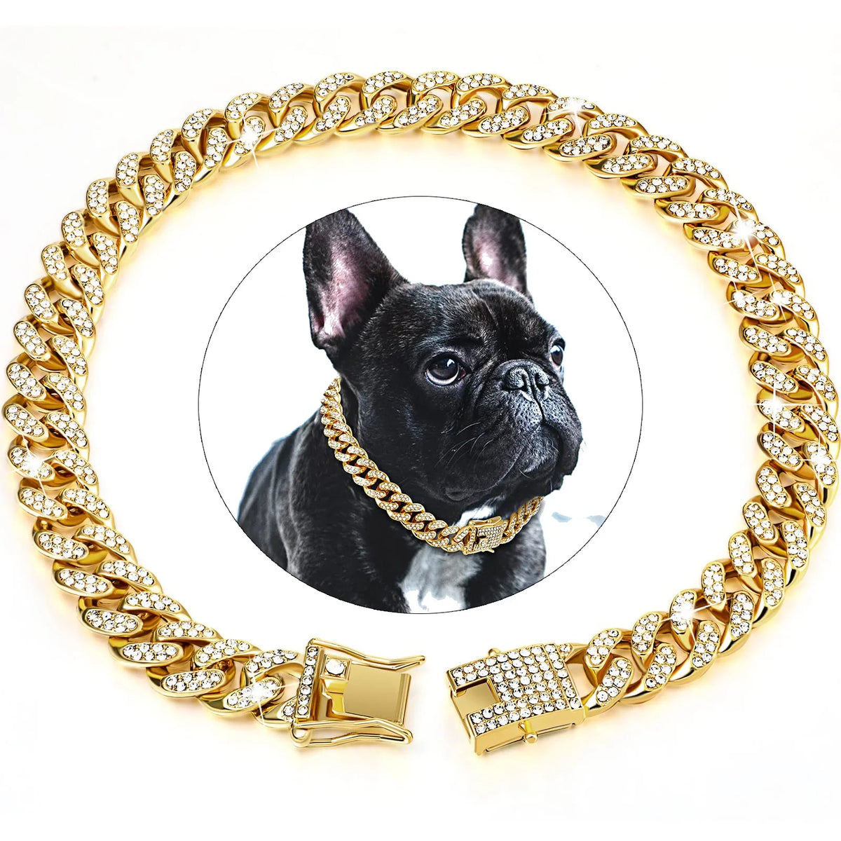 Cuban Link Dog Collar with Cubic Zirconia Stones - Gold