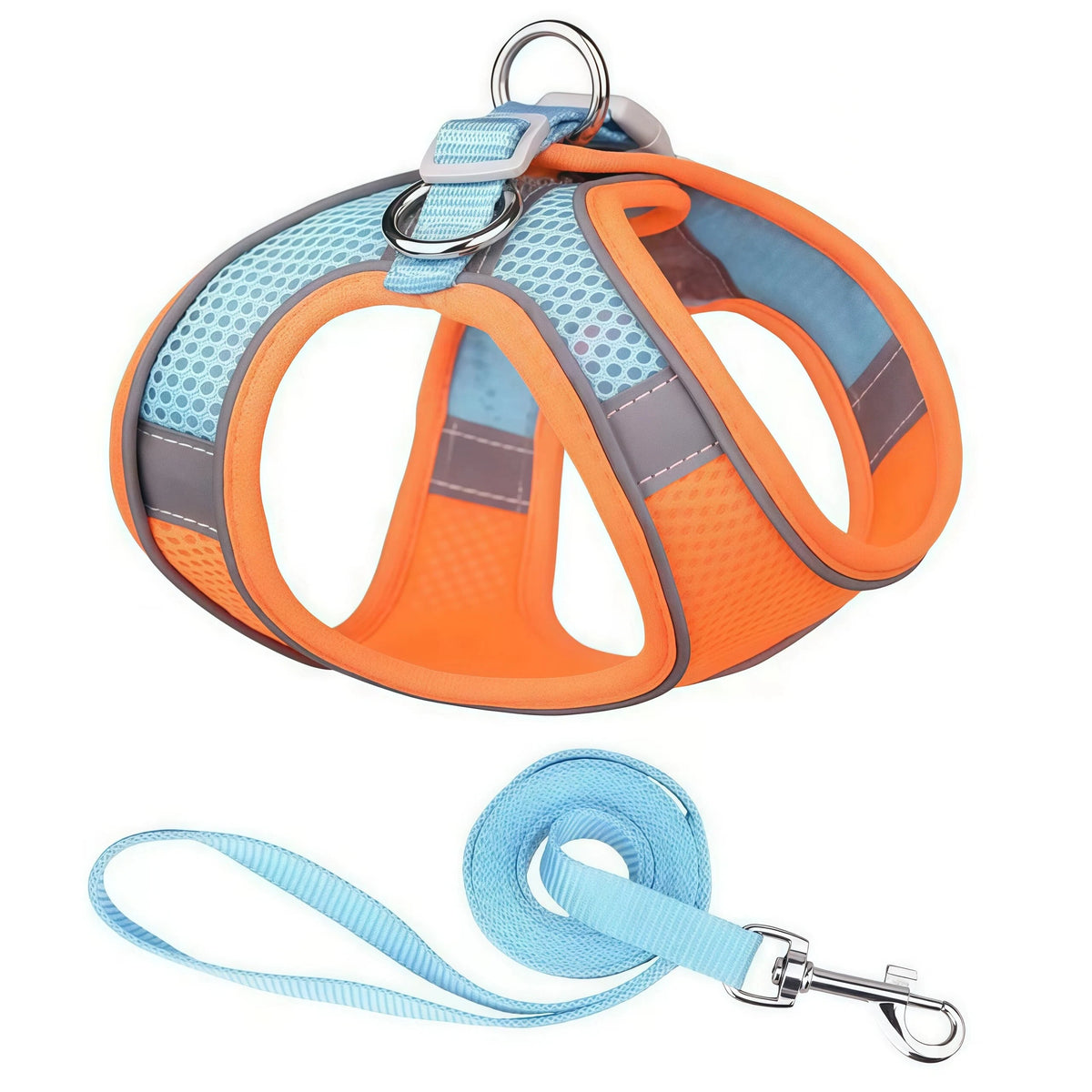 Reflective Mesh Dog Harness & Leash Set - Orange Blue