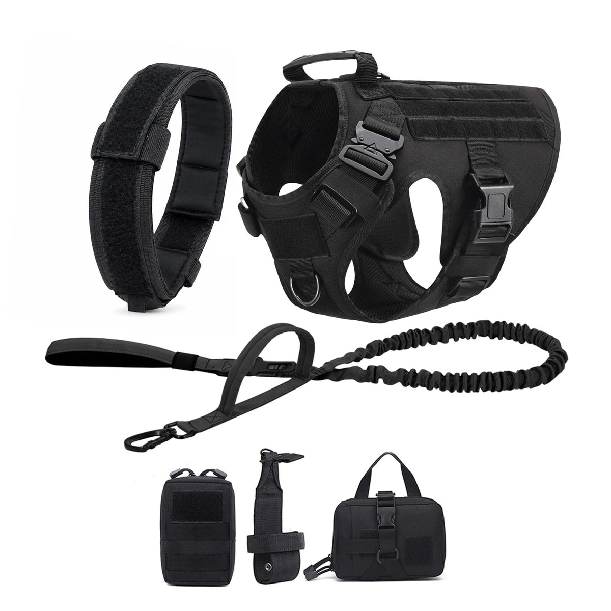 Tactical MOLLE Dog Harness Set with Pouches - Black 6-Piece Set