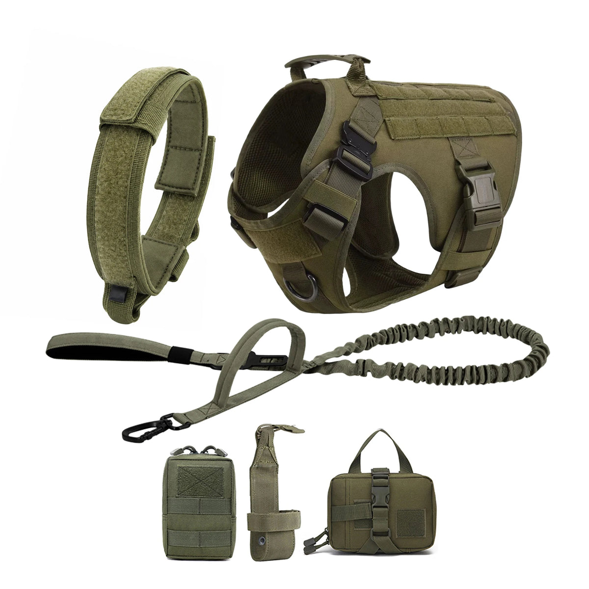 Tactical MOLLE Dog Harness Set with Pouches - Green 6-Piece Set