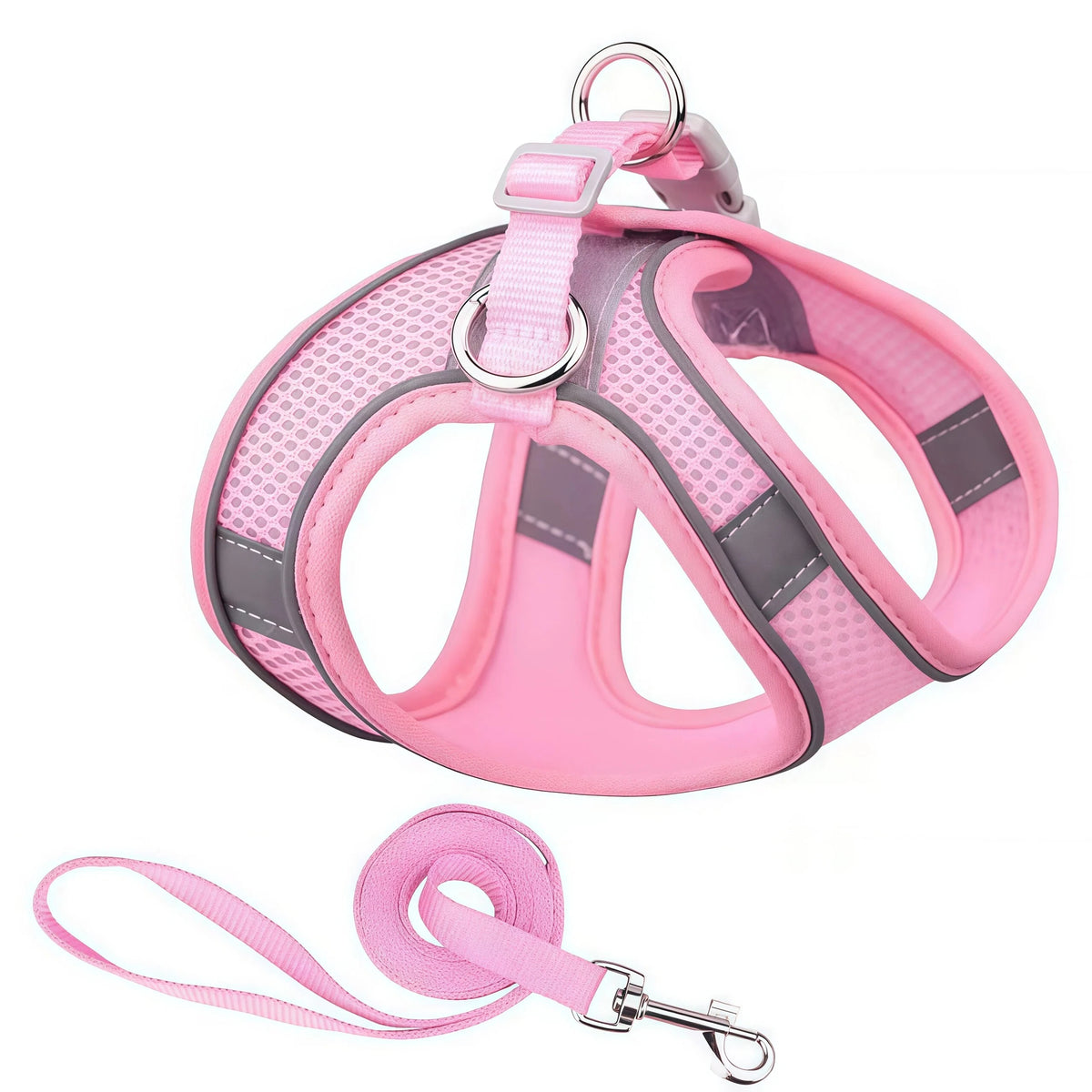 Reflective Mesh Dog Harness & Leash Set - Light Pink