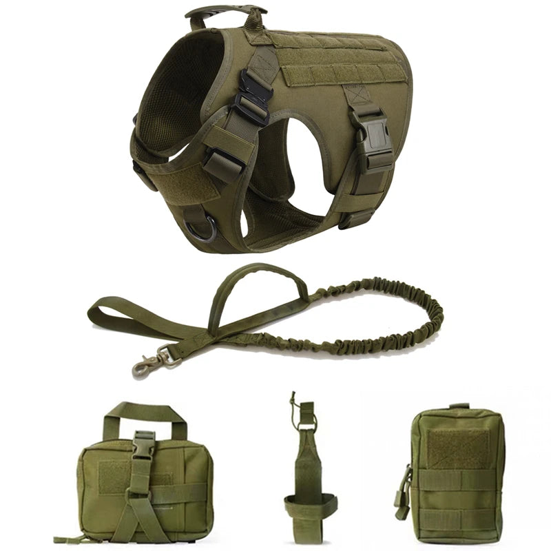 Heavy-Duty Tactical Dog Harness with Handle - Green 5-Piece Set