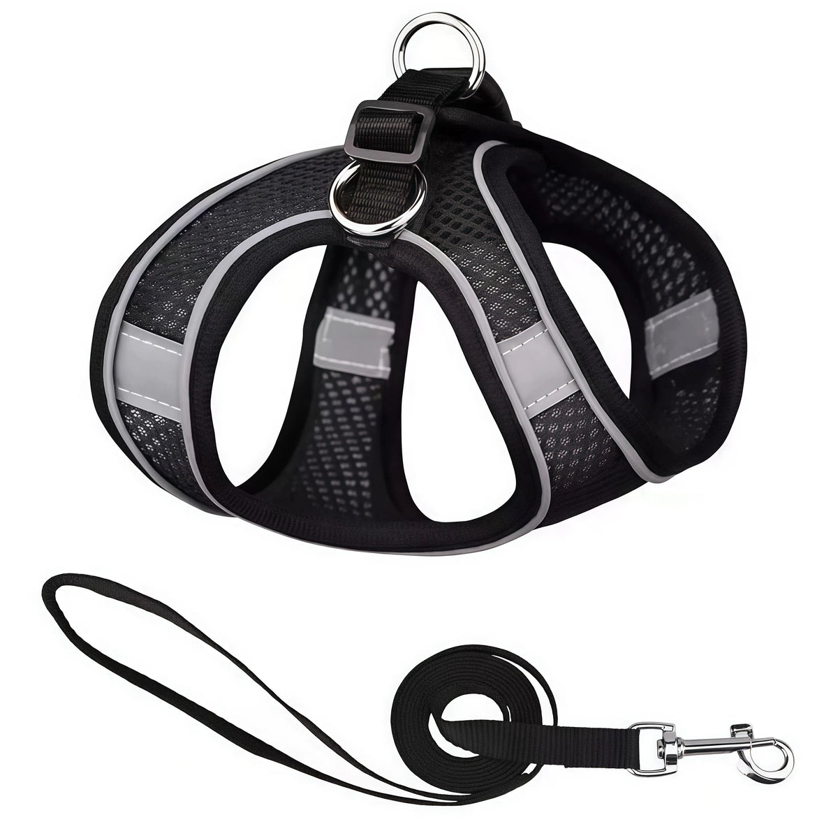 Reflective Mesh Dog Harness & Leash Set - Pure Black