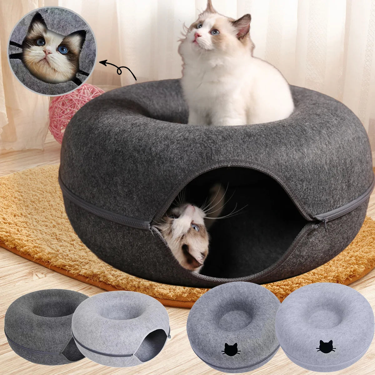 2-in-1 Felt Cat Tunnel Bed – Donut Cave & Play Tunnel