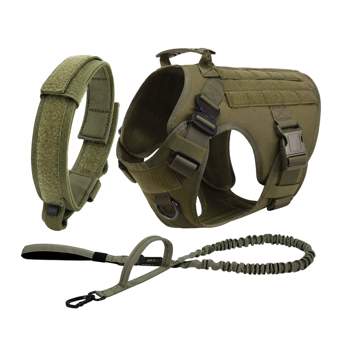 Tactical MOLLE Dog Harness Set with Pouches - Green 3-Piece Set