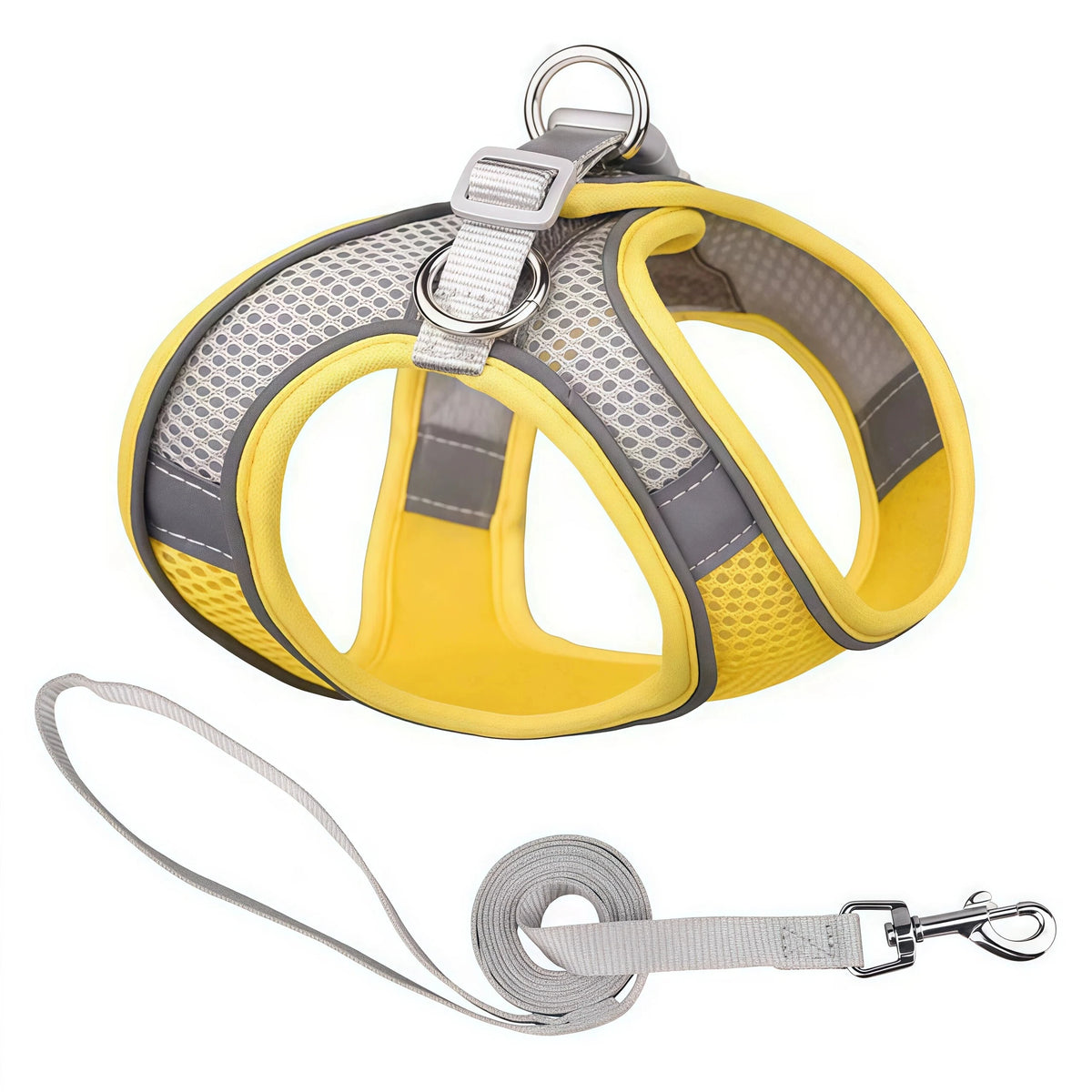 Reflective Mesh Dog Harness & Leash Set - Yellow Gray