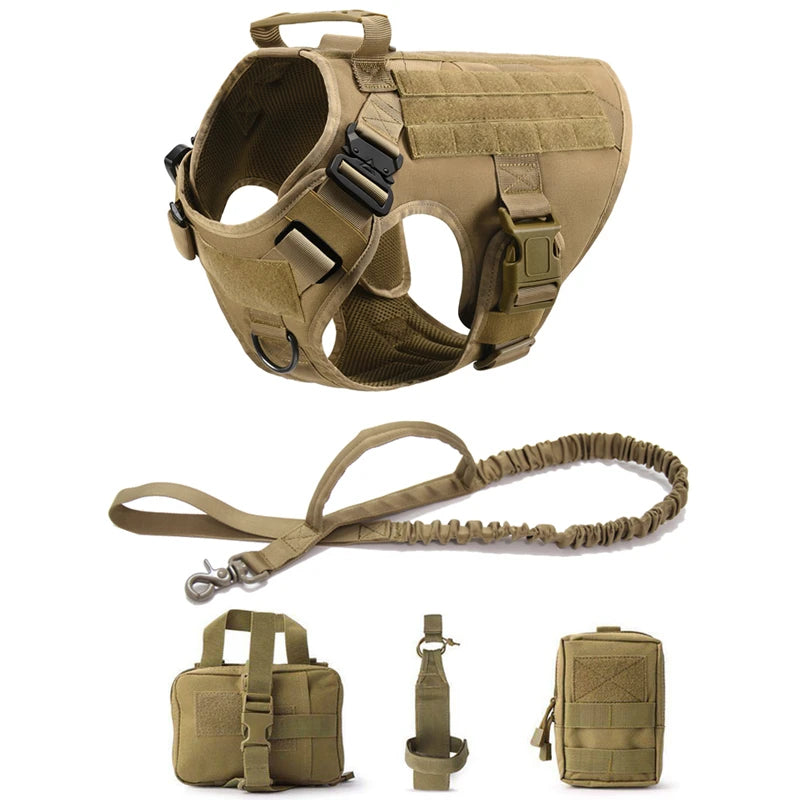 Heavy-Duty Tactical Dog Harness with Handle - Brown 5-Piece Set