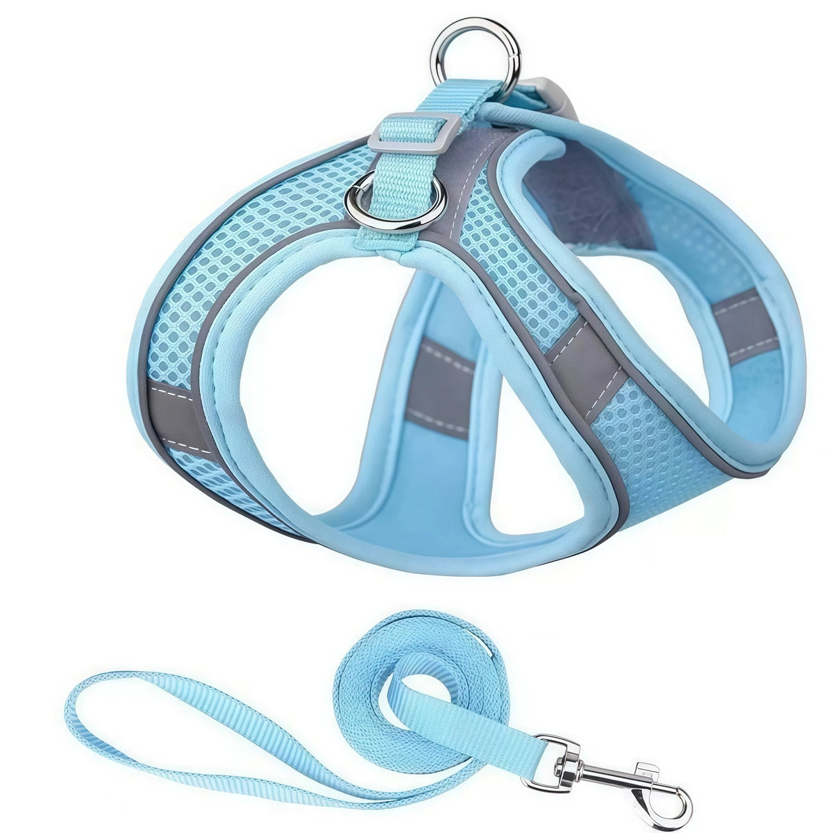 Reflective Mesh Dog Harness & Leash Set - Sky Blue
