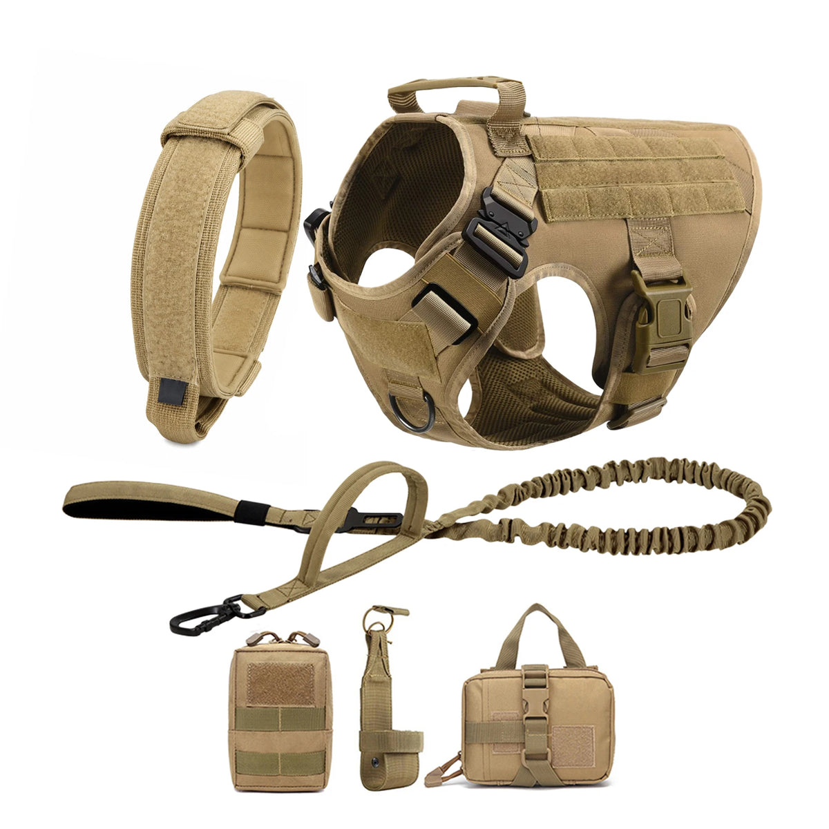 Tactical MOLLE Dog Harness Set with Pouches - Brown 6-Piece Set