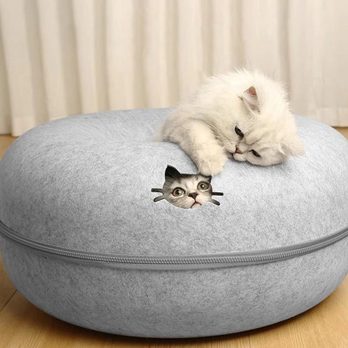 2-in-1 Felt Cat Tunnel Bed – Donut Cave & Play Tunnel