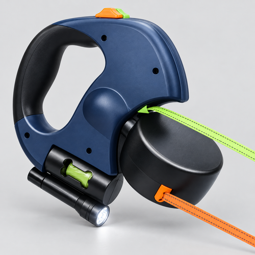 Blue and black dual retractable dog leash with LED light and bag holder