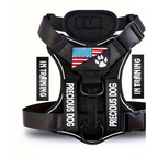 Black reflective service dog harness with training patches