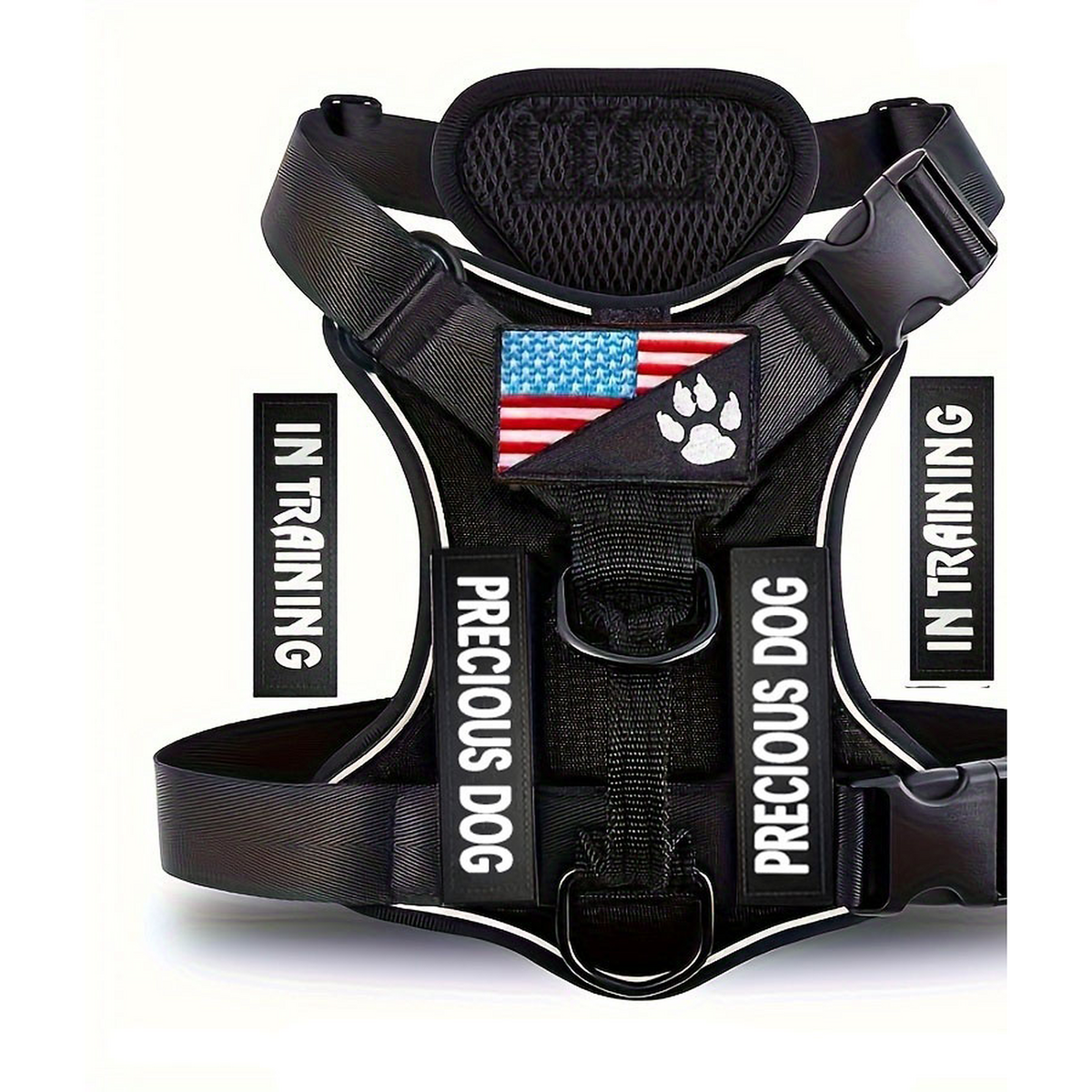 Black reflective service dog harness with training patches
