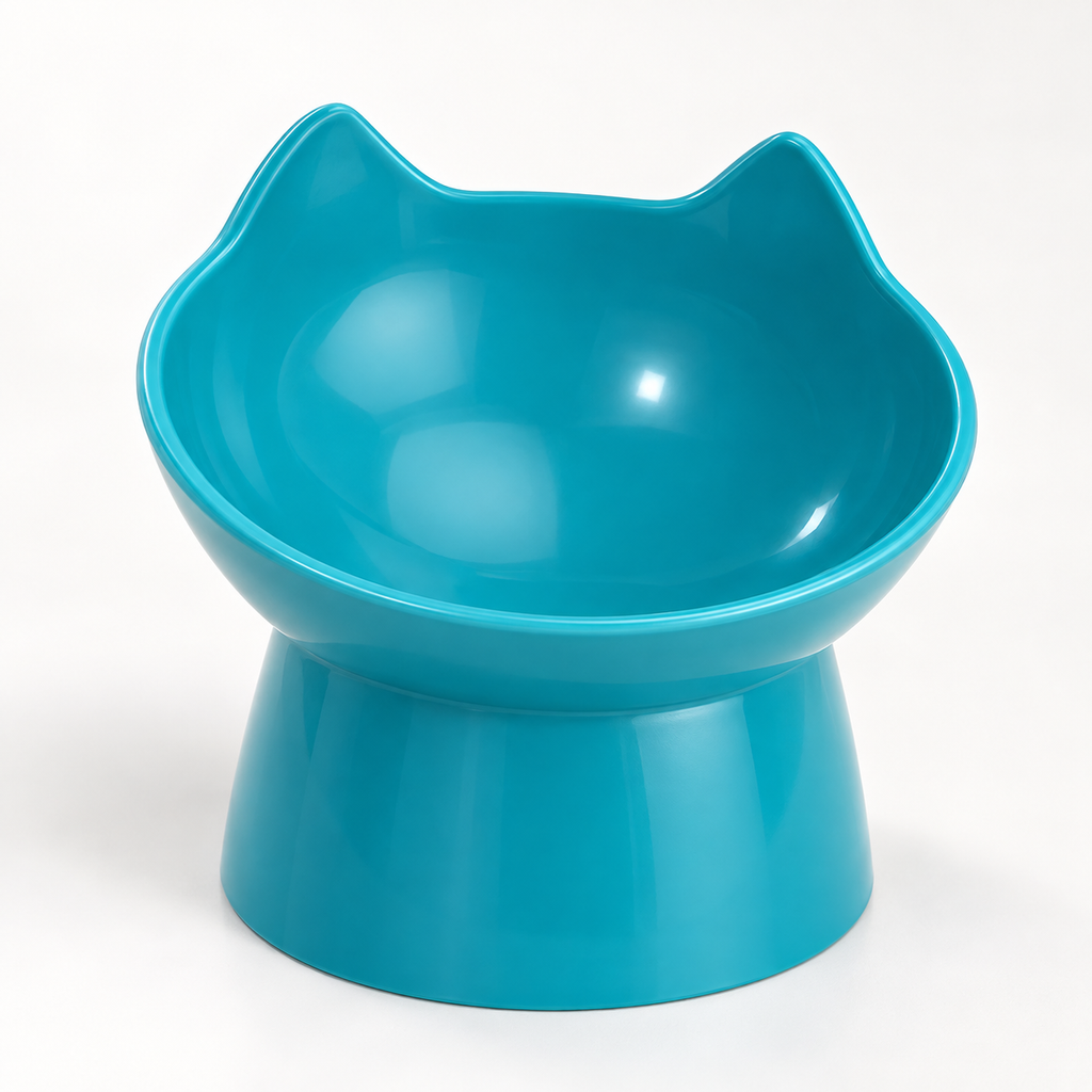 Turquoise elevated cat bowl with cat-ear rim