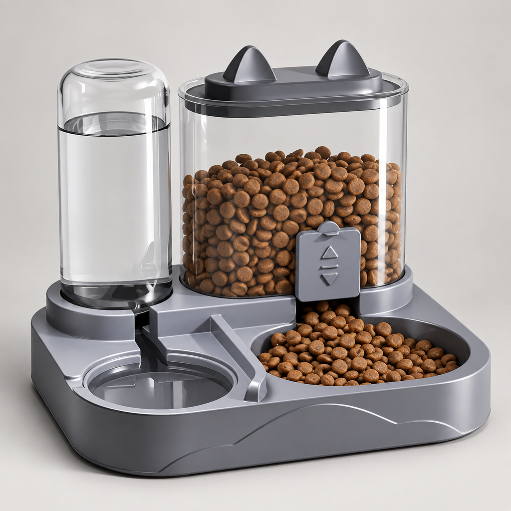 Gray automatic pet feeder and water dispenser