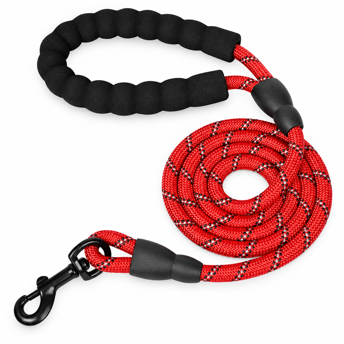 Red reflective rope dog leash with padded handle