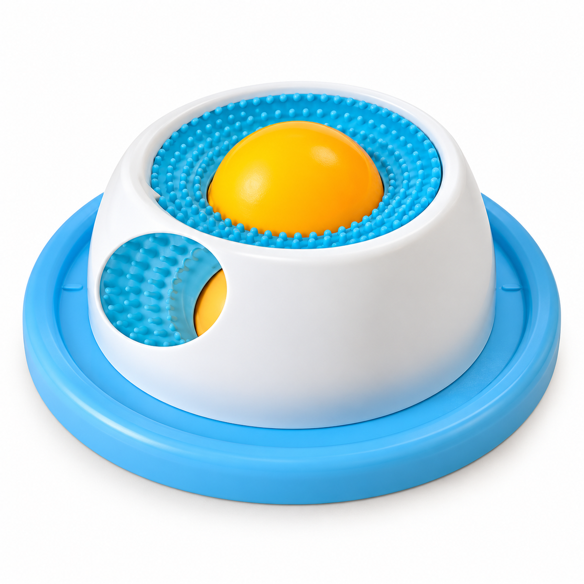 Blue and white slow-feeder lick toy with yellow ball